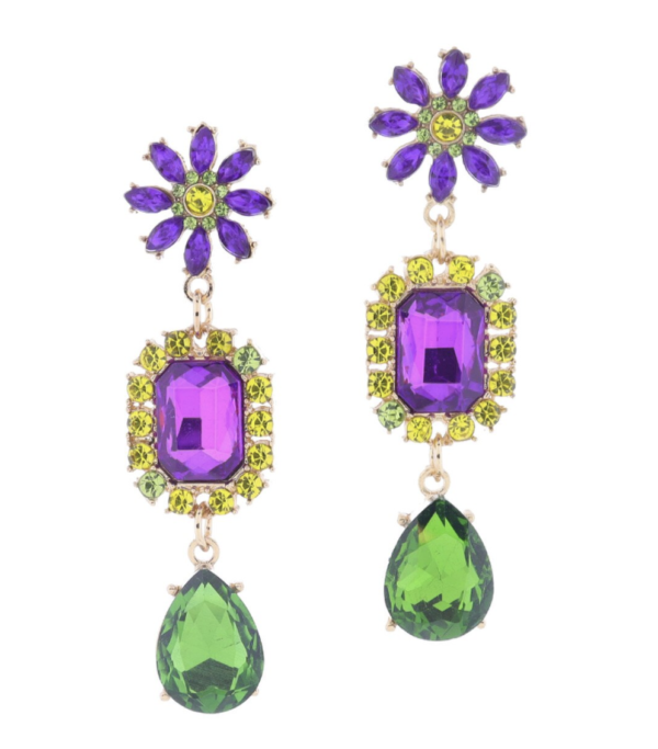 Purple Crystal with Yellow & Lime Edge & Green Teardrop Crystal Earrings